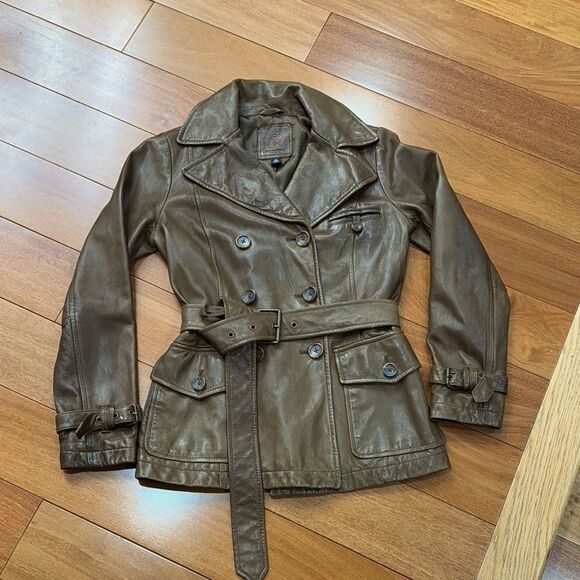 Banana Republic Vintage Y2K Leather Brown Women Jacket Trench Coat Size XS